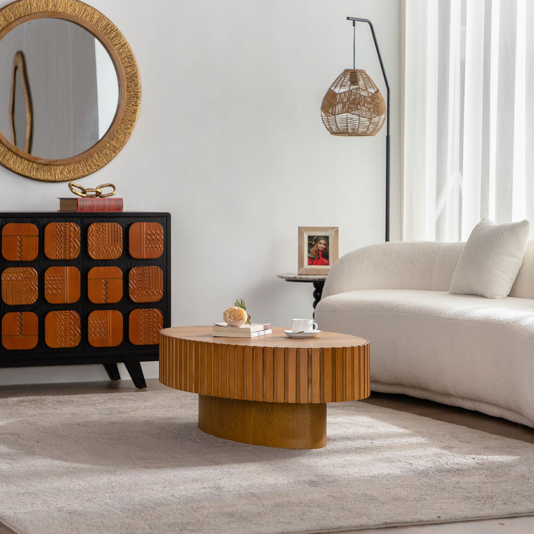 Timeless Round Coffee Table Handcrafted Relief Wooden Olive-Shaped Tea Table For Living Room #25013