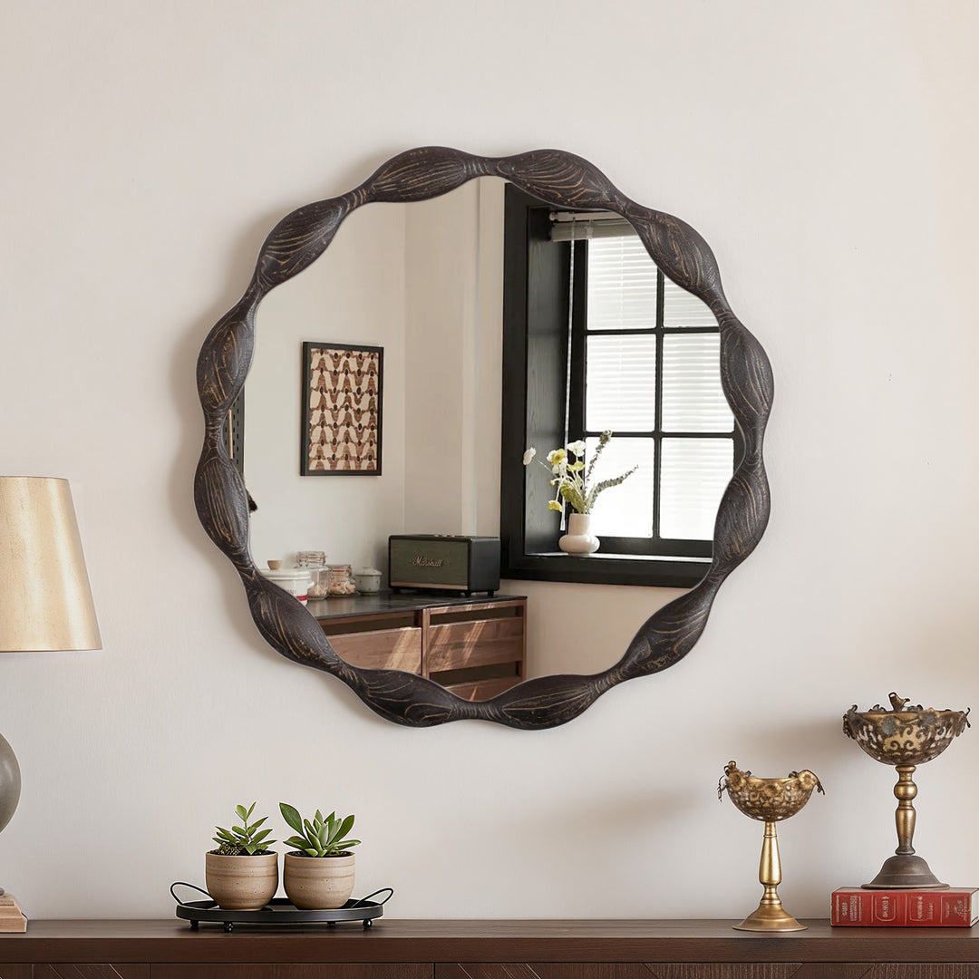 Clarity 32.5" Vintage Oval Solid Wood Framed Wavy Organic Design Wall Mounted Vanity Mirror #25036