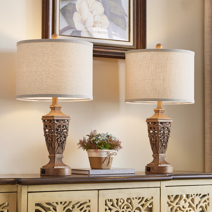 Farmhouse Carved Resin Table Lamp Set with Linen Drum Shades (Set of 2) #T278