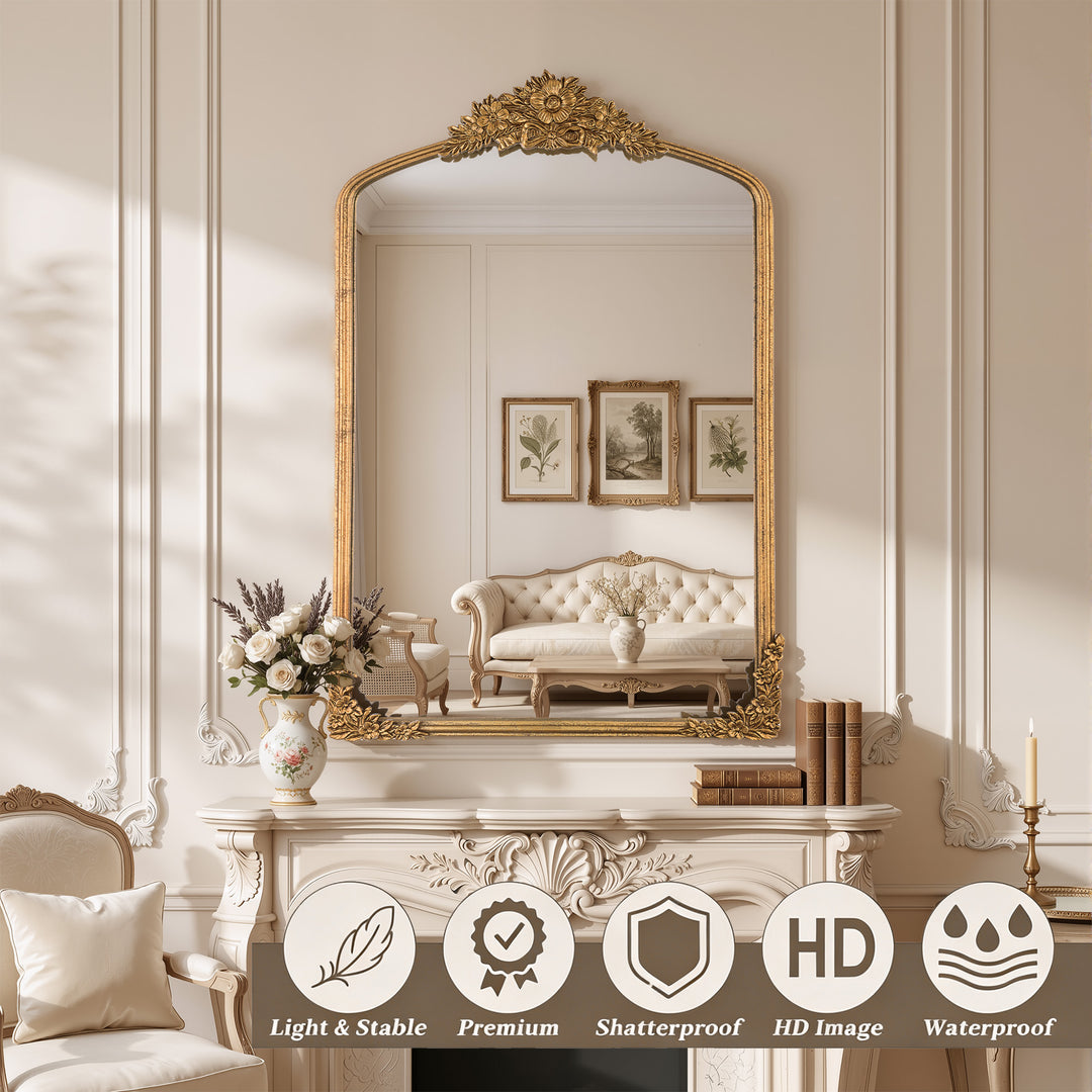 Panorama Vintage Iron Gold Baroque Metal Arched Vanity Mirror For Bedroom&living Room #30010