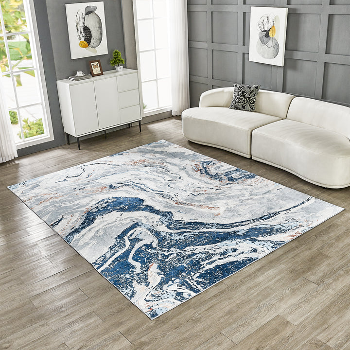 Lobello Blue Abstract Rugs Swirling Designs Machine Washable