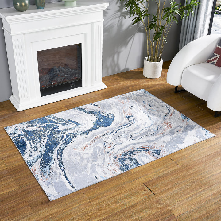 Lobello Blue Abstract Rugs Swirling Designs Machine Washable