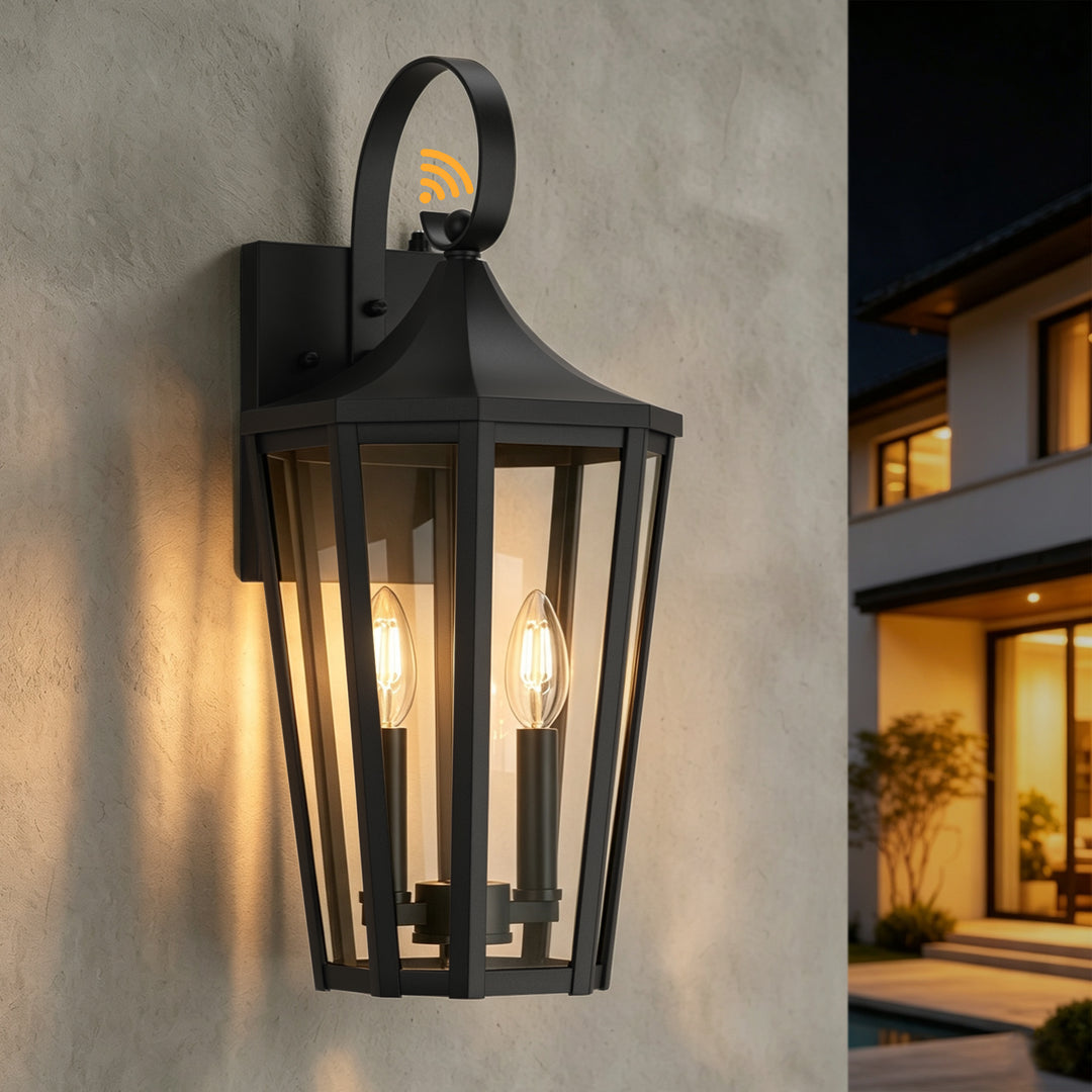 2-Light 19" Farmhouse Waterproof Outdoor Wall Lantern Sconce, Sand Grain Black Iron Frame &amp; Clear Tempered Glass, Hardwired Dusk to Dawn Photocell Exterior Front Porch Light