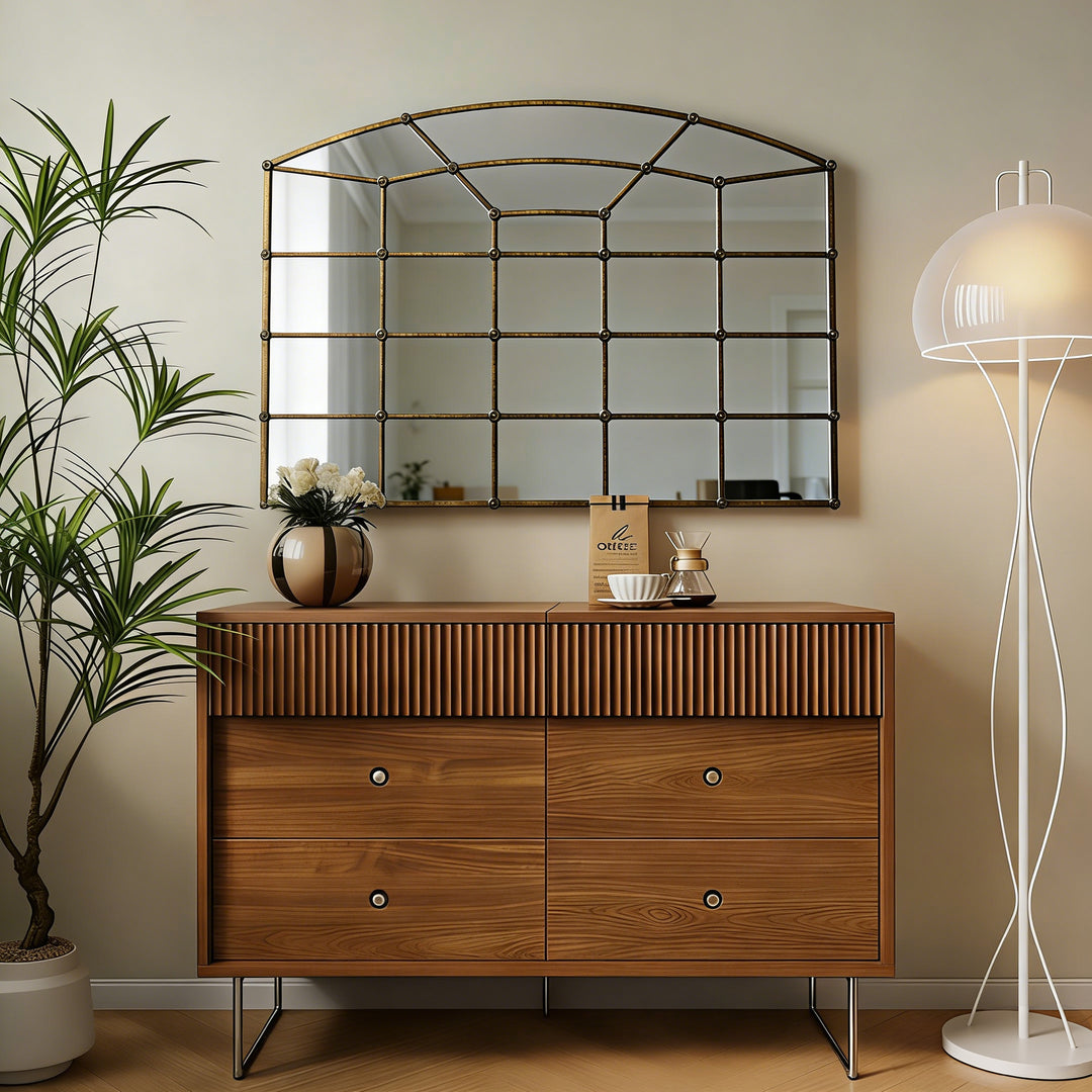 Reflect Vintage Metal Framed Arch Bronze Window & Wall Mantel Mirror For Living Room Entryway #30005