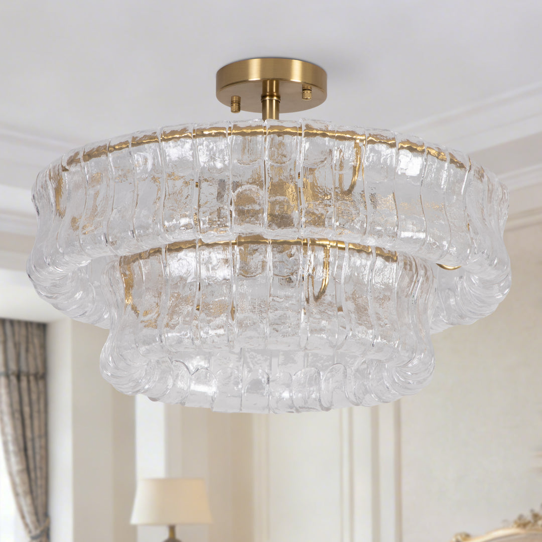 Lumen 20" 6-Light Brushed Brass Double-Layer Clear Artistic Glass Unique / Statement Semi-Flush Mount For Living Room/Bedroom #19235