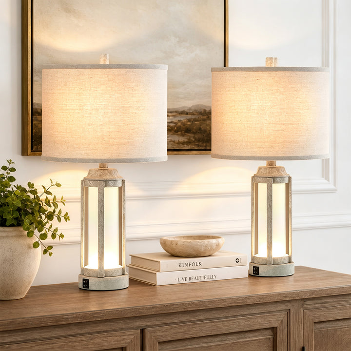 24″ Modern Farmhouse Glass Table Lamps with Night Light & USB-C, Set of 2 #T291