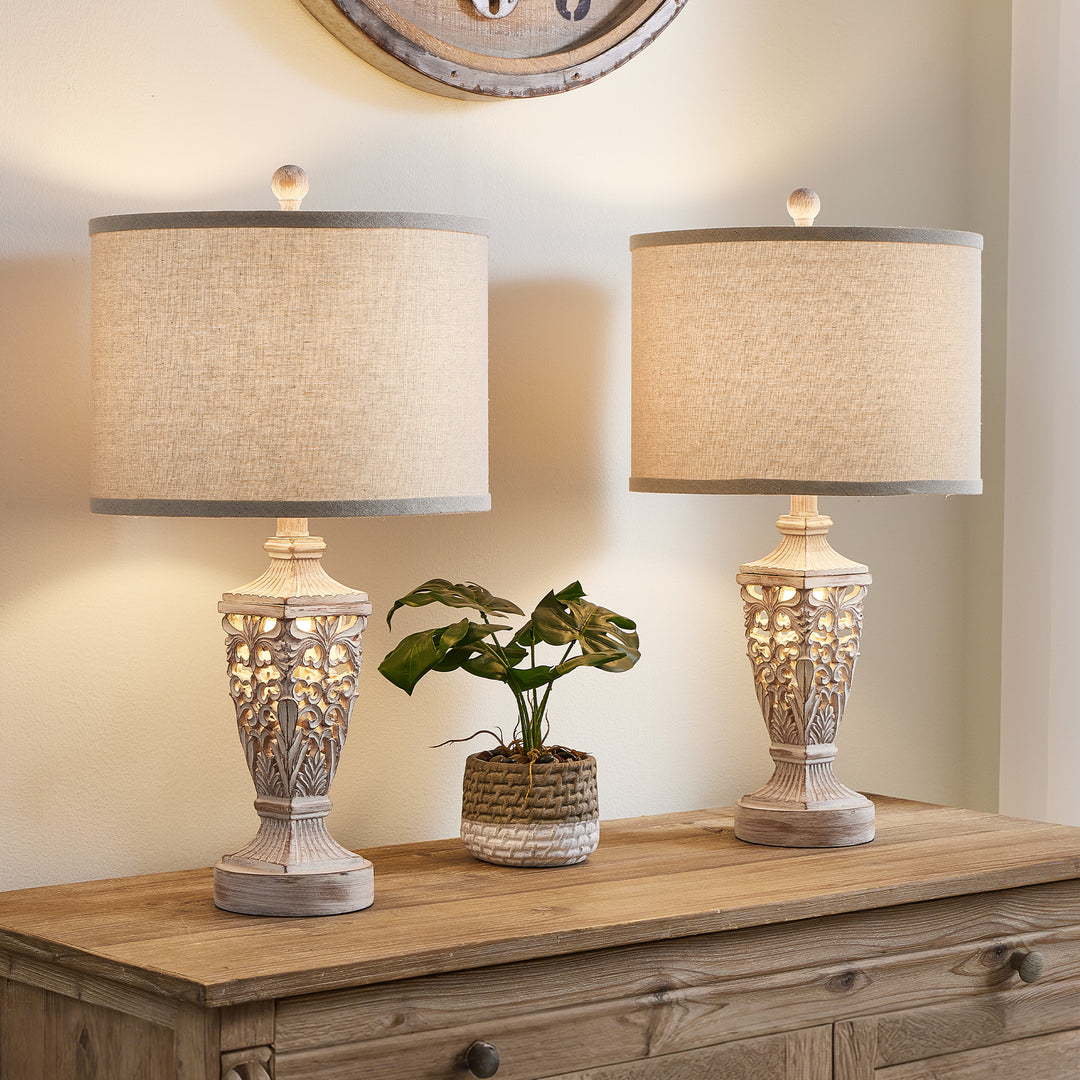 Farmhouse Carved Resin Table Lamp Set with Linen Drum Shades (Set of 2) #T278