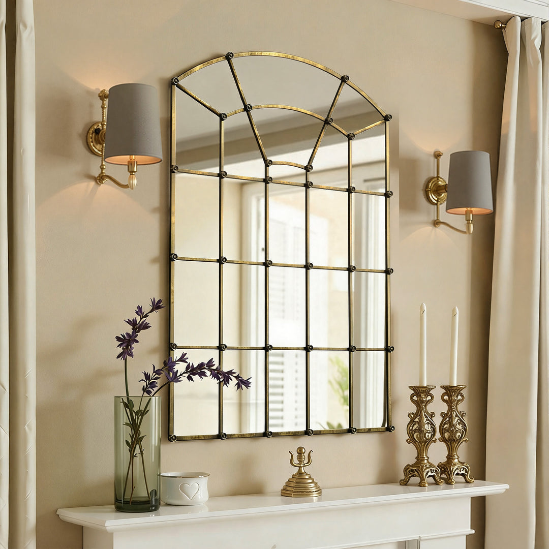 Reflect Vintage Metal Framed Arch Bronze Window & Wall Mantel Mirror For Living Room Entryway #30005
