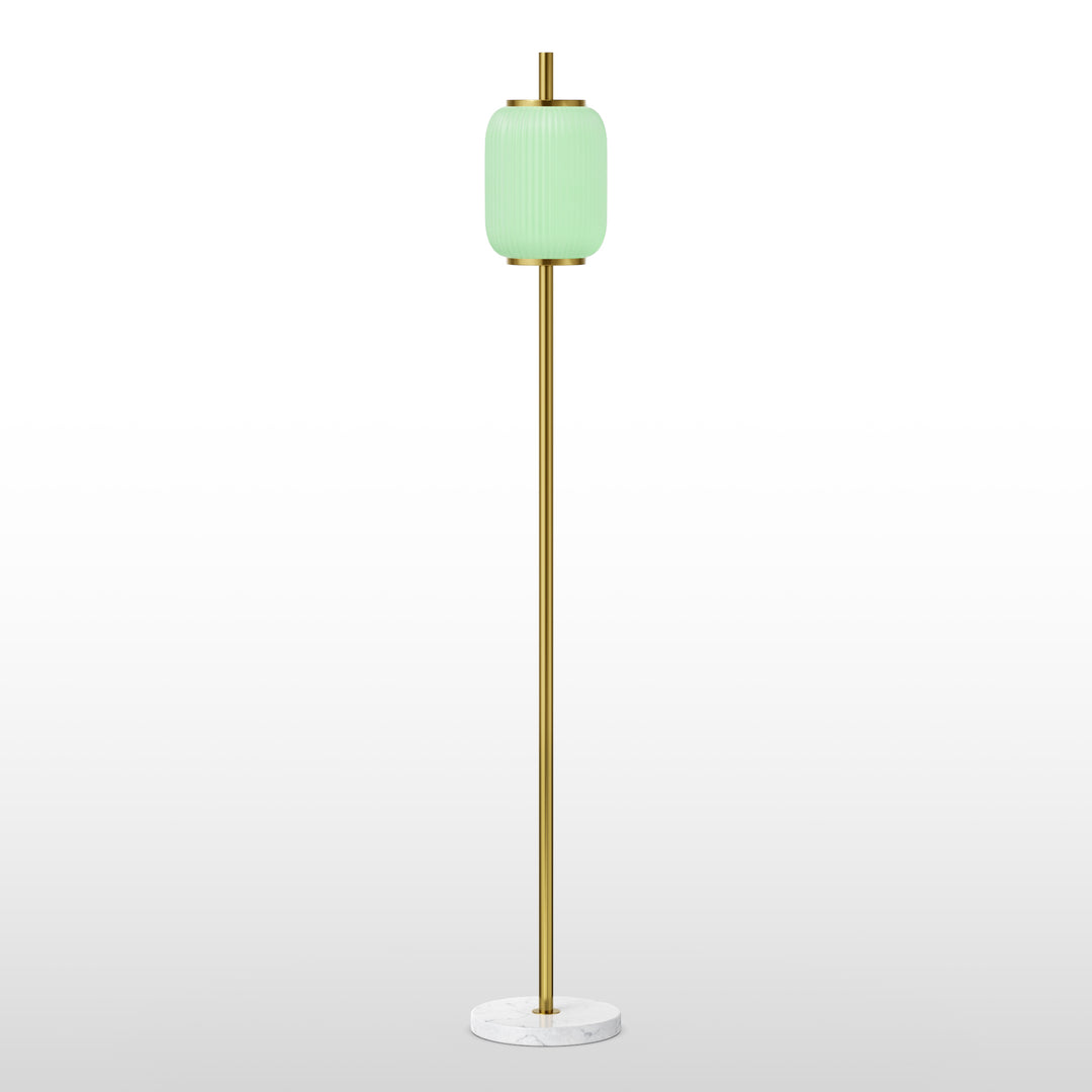 64" Modern Brass Floor Lamp With Ribbed Green Glass Shade And Marble Base, Tall Standing Light For Living Room And Bedroom #