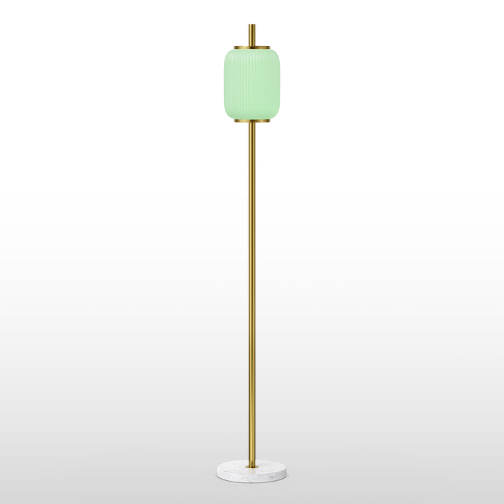 64" Modern Brass Floor Lamp With Ribbed Green Glass Shade And Marble Base, Tall Standing Light For Living Room And Bedroom #