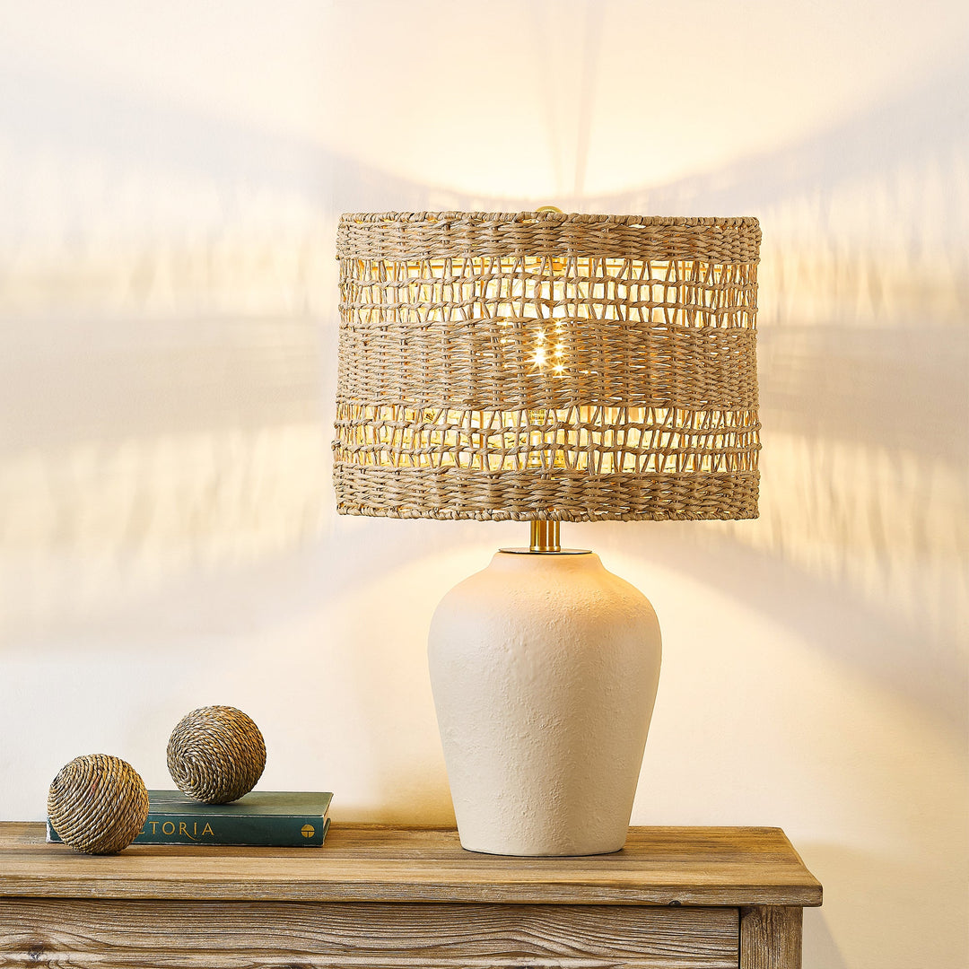 Boho Style Ceramic Rattan Table Lamp For Living Room/Bedroom/Entryway Console/Decorative Supplements With Rattan Accent #T213-WH-S