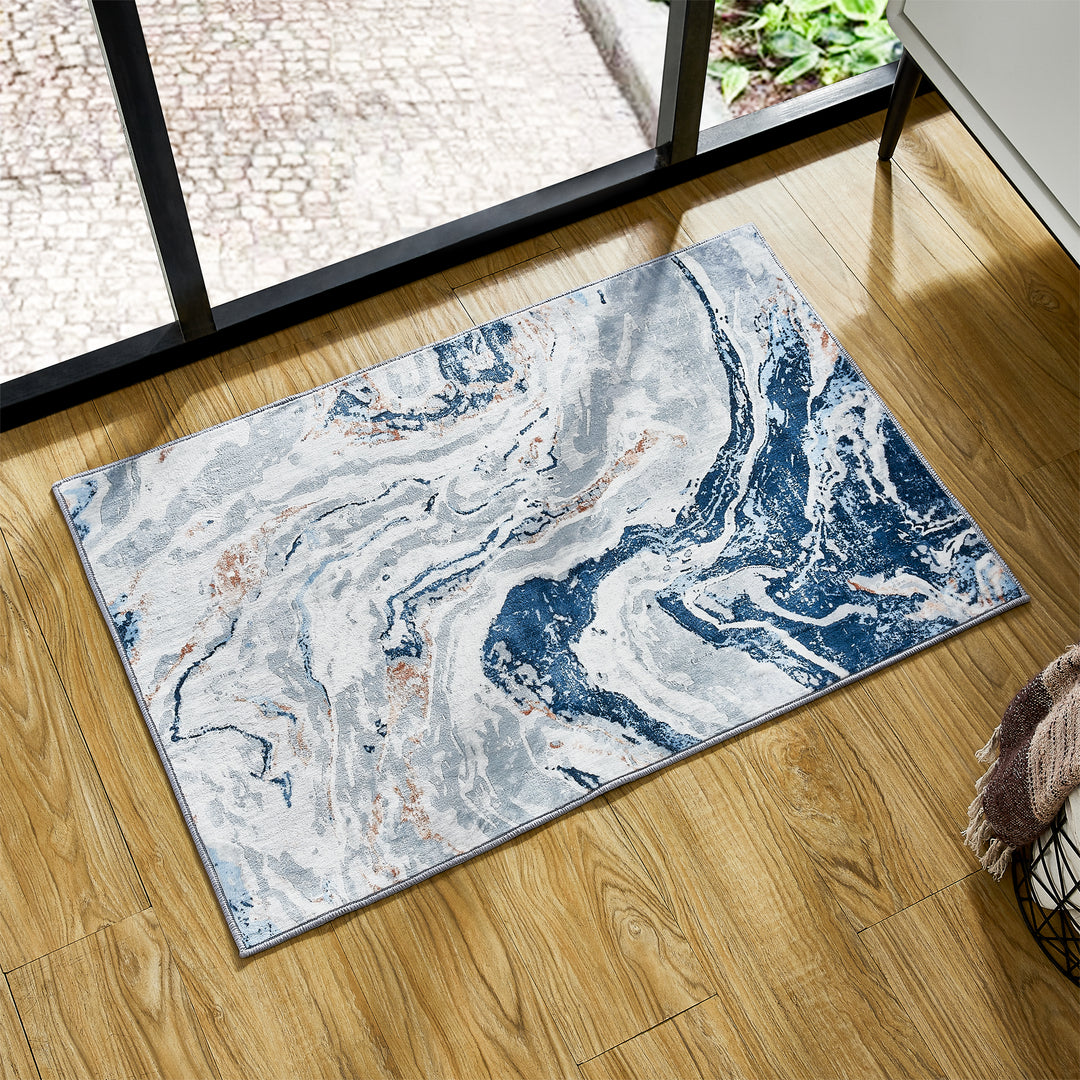 Lobello Blue Abstract Rugs Swirling Designs Machine Washable