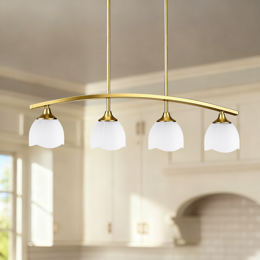 Twilight 4-Light 36"W Black/Brass Modern Linear Pendant Chandelier With Flower Frosted Glass Shades For Dining Room Or Kitchen Island #P39015