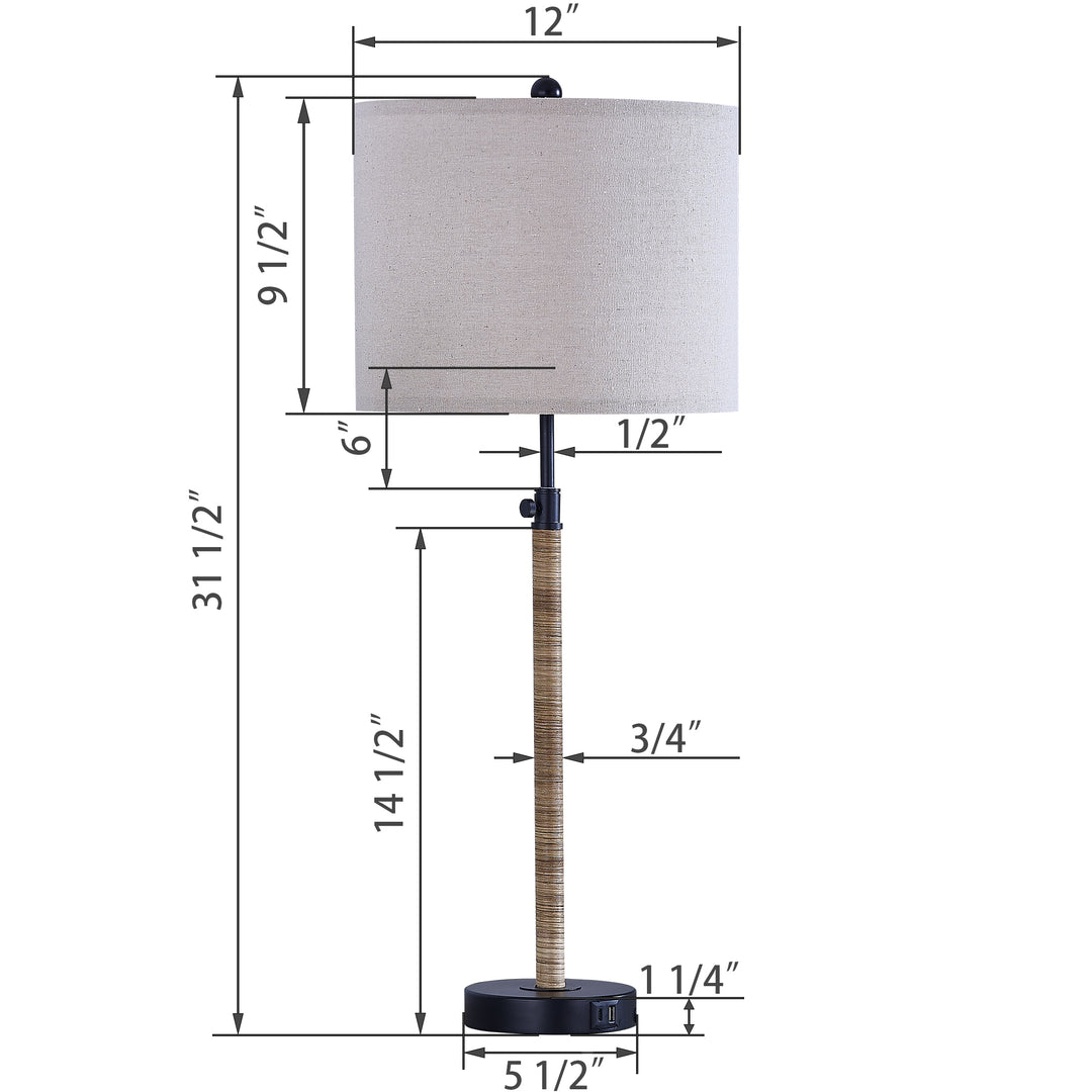 33'' Modern Farmhouse Metal And Rattan Table Lamp With Usb Ports For Living Room/Bedroom