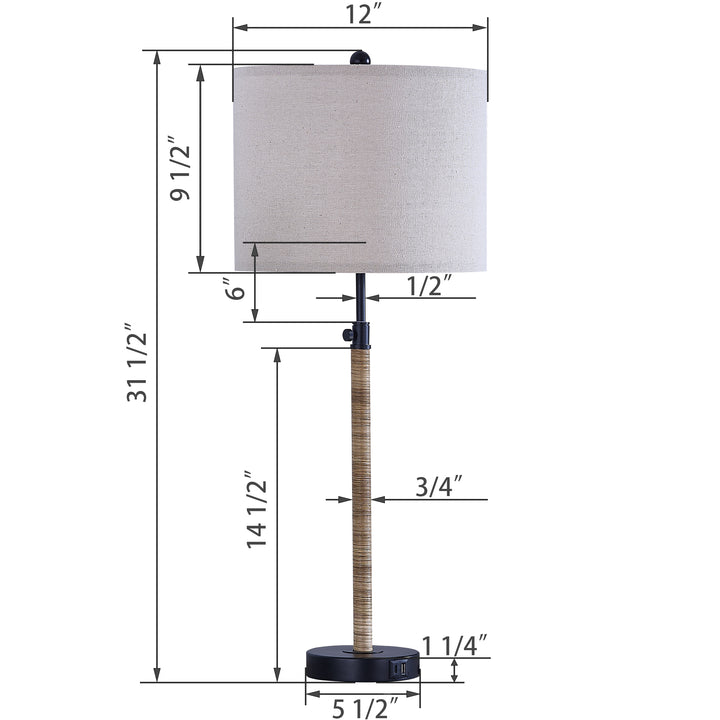 33'' Modern Farmhouse Metal And Rattan Table Lamp With USB Ports For Living Room/Bedroom #T261-BK