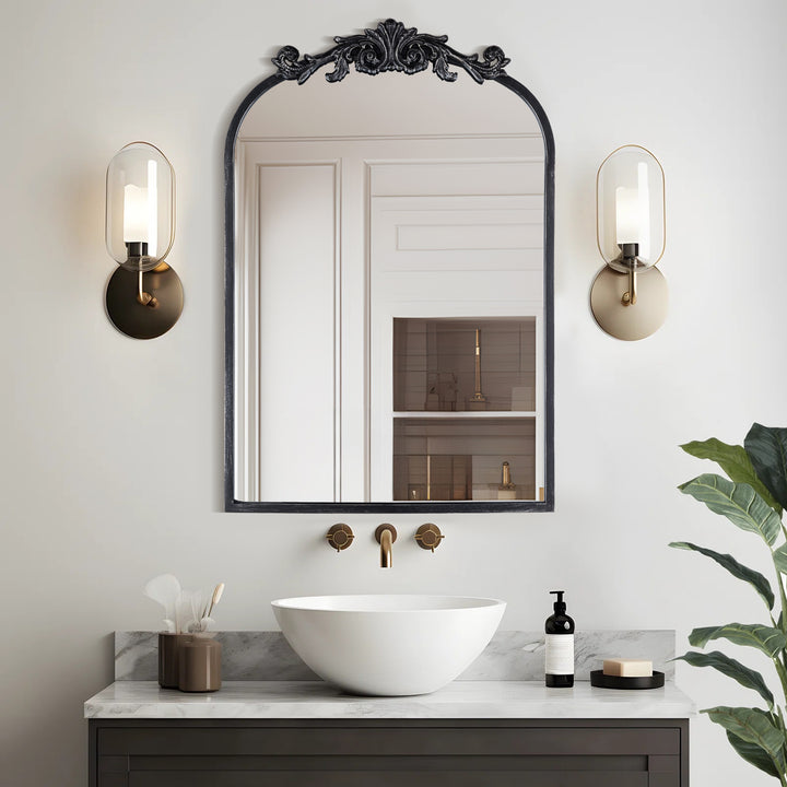 Opulence 20 in. W x 30 in. H Vintage Carved Arched Framed Wall Bathroom Vanity Mirror in Cast Iron Floral #31009