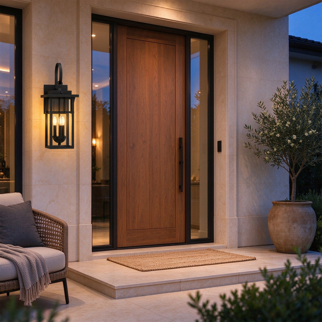 19.7" 2-Light Farmhouse Outdoor Wall Sconce with Dusk to Dawn Photocell, Weatherproof Matte Black Frame &amp; Clear Tempered Glass 