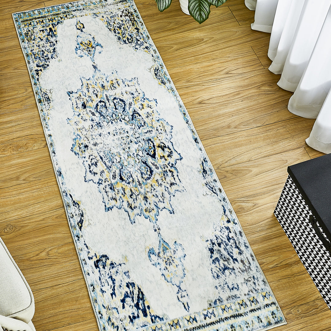 Yullili 4"x6" Area Rug for Living Room Vintage Oriental Washable Low Pile Non-Slip Rugs, Soft Decorative Room Boho Carpet Hallway Rug for Bedside, Playroom, Indoor Decor, Yellow/Blue