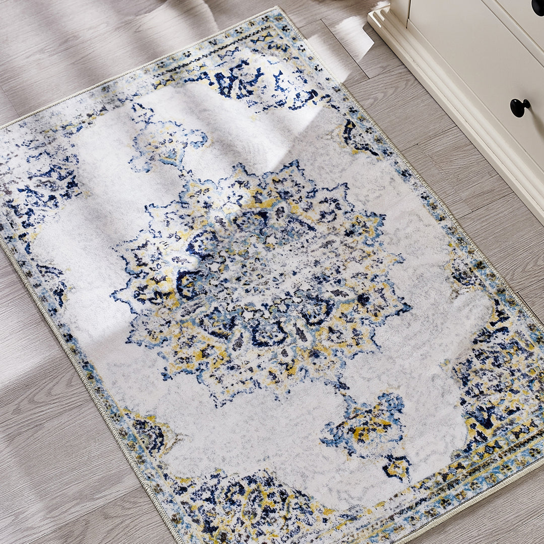 YUIlili Yullili 4"x6" Area Rug for Living Room Vintage Oriental Washable Low Pile Non-Slip Rugs, Soft Decorative Room Boho Carpet Hallway Rug for Bedside, Playroom, Indoor Decor, Yellow/Blue #AZJL2