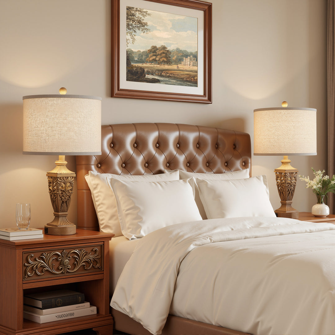 Farmhouse Carved Resin Table Lamp Set with Linen Drum Shades (Set of 2) #T278