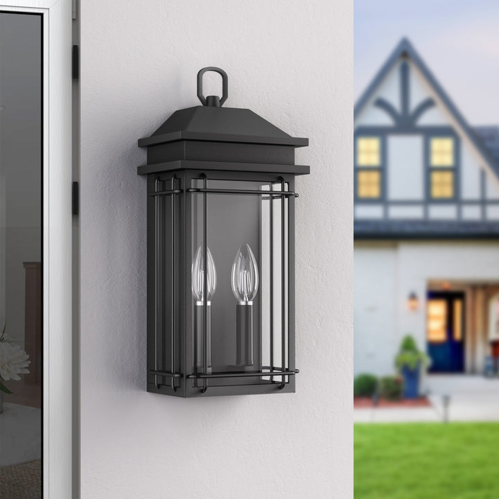 Solstice 2 - Light 16''H Black Iron Tempered Glass Outdoor Wall Light With Dusk To Dawn #7083
