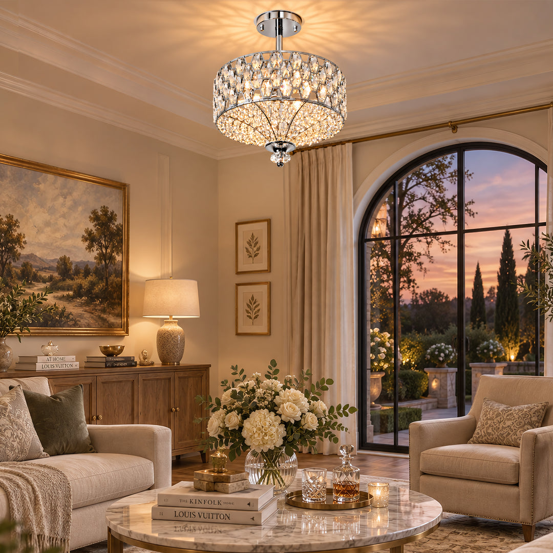 14" 3-Light Polished Brass Drum Semi-Flush Mount Ceiling Light with Crystal Accents for Living Room & Bedroom #19241