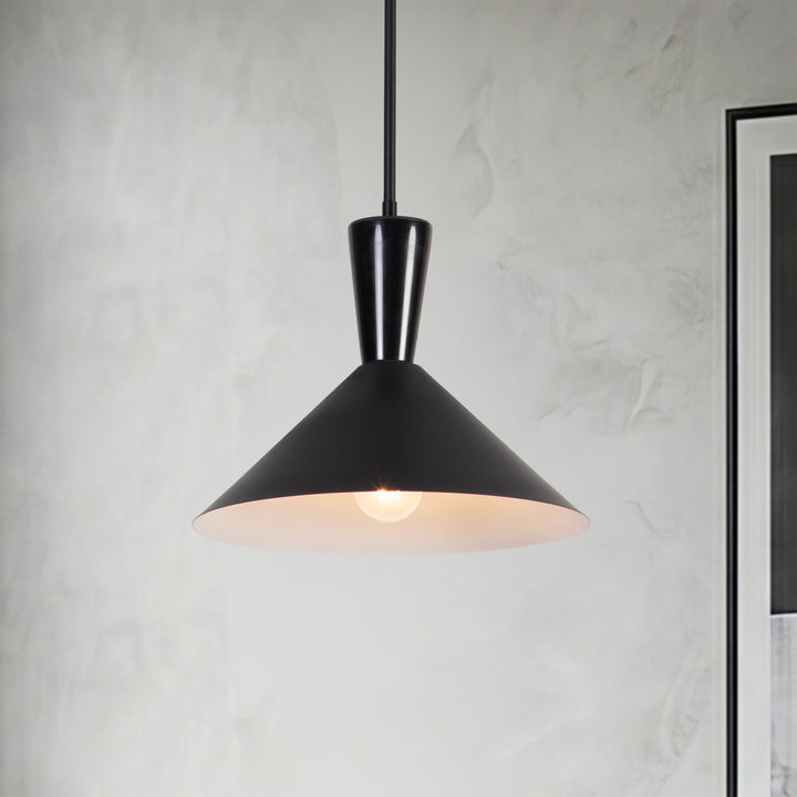 1-Light 13.8"W Black Metal Modern Cone Pendant With Marble Decoration For Kitchen Island Or Dining Room #19236