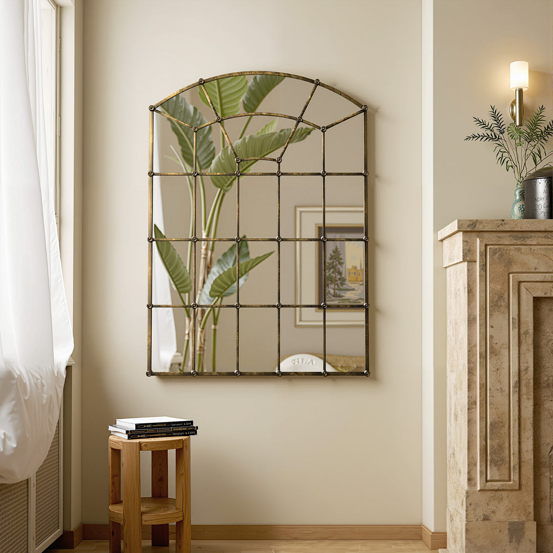 Reflect Vintage Metal Framed Arch Bronze Window & Wall Mantel Mirror For Living Room Entryway #30005