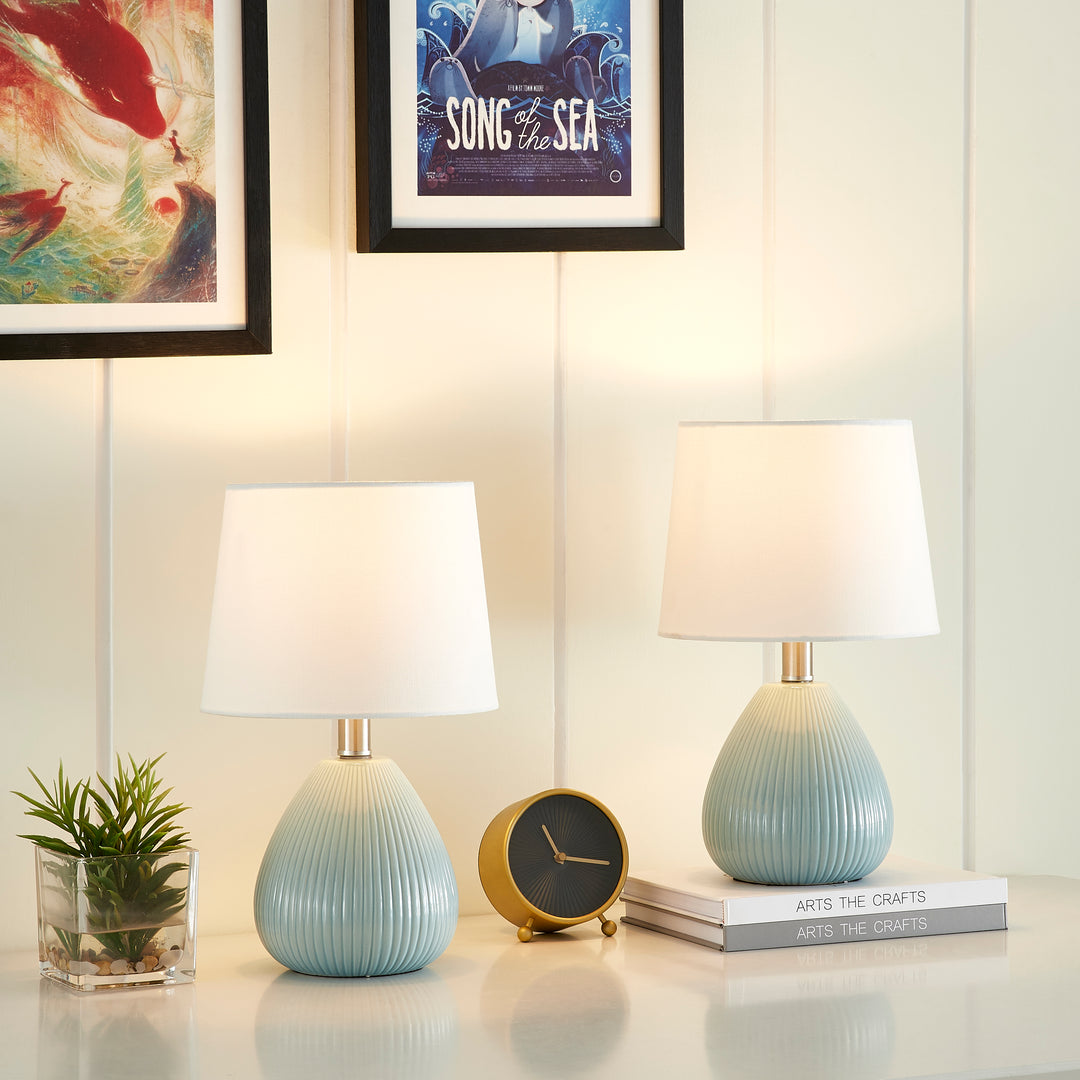 Yullili 15.5'' Ceramic Table Lamp Set of 2 with Lampshade, Mini Blue Modern Table Lamps for Living Room Bedroom