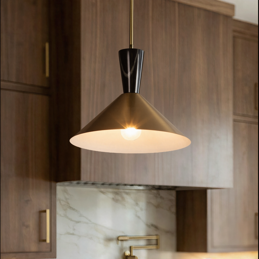 1-Light 13.8"W Black Metal Modern Cone Pendant With Marble Decoration For Kitchen Island Or Dining Room #19236
