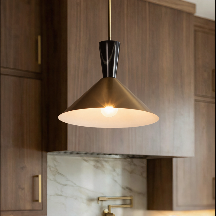 1-Light 13.8"W Black Metal Modern Cone Pendant With Marble Decoration For Kitchen Island Or Dining Room #19236