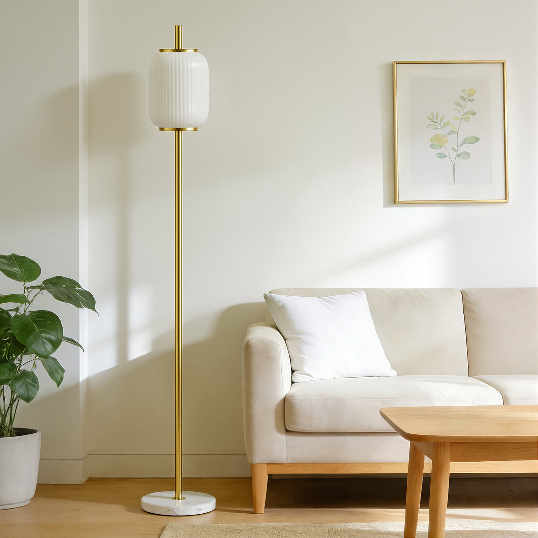 64" Modern Brass Floor Lamp With Ribbed Green Glass Shade And Marble Base, Tall Standing Light For Living Room And Bedroom #