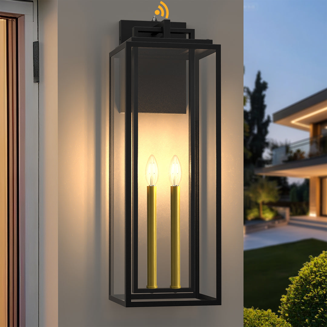 Harbor Black and Gold Base Outdoor Wall Light with Dusk to Dawn and Clear Tempered Glass #OW7102