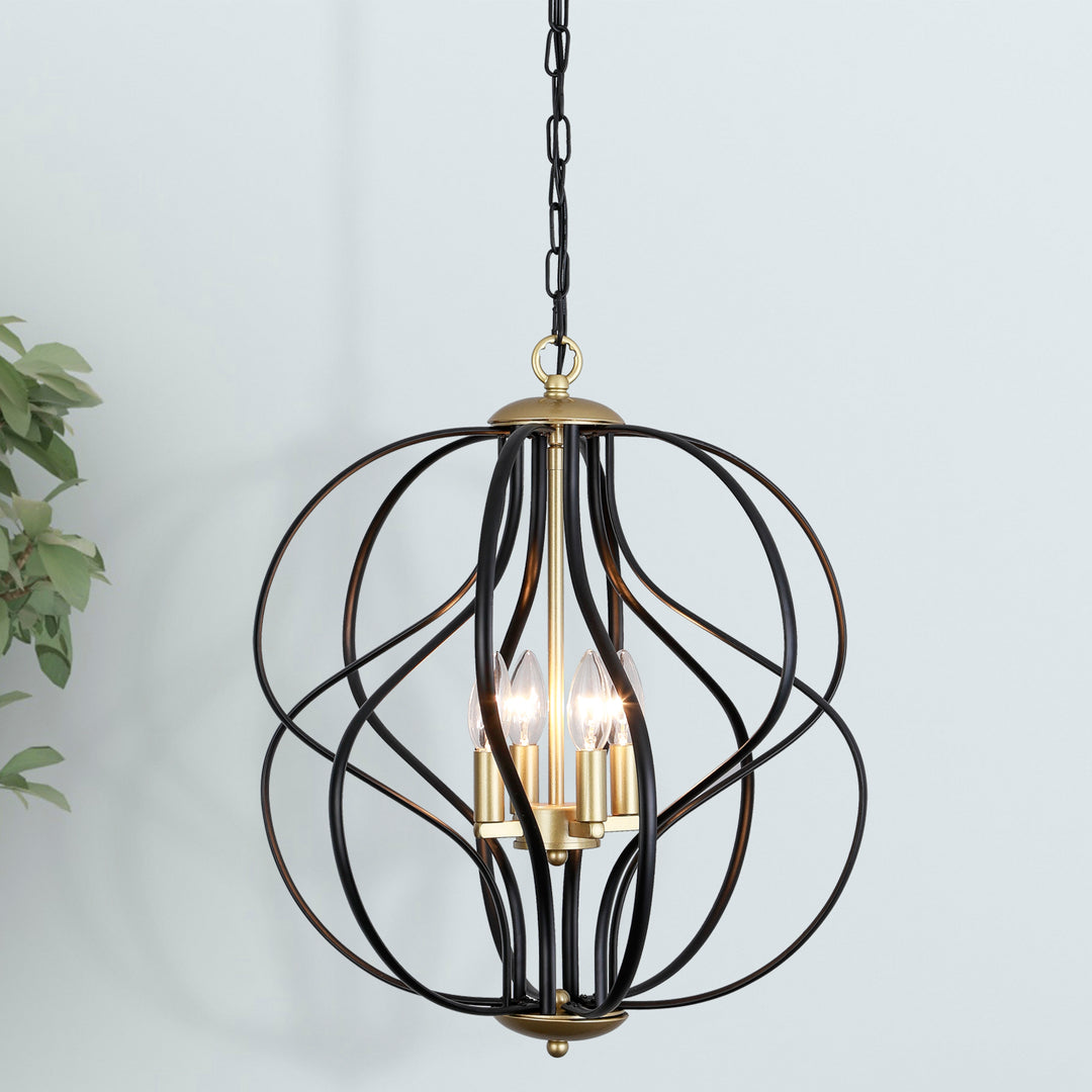 Maxax 4-Light Lantern&Candle Style Globe&Geometric Black&Gold Chandelier With Wrought Iron Accents #MX19118-4BG-P