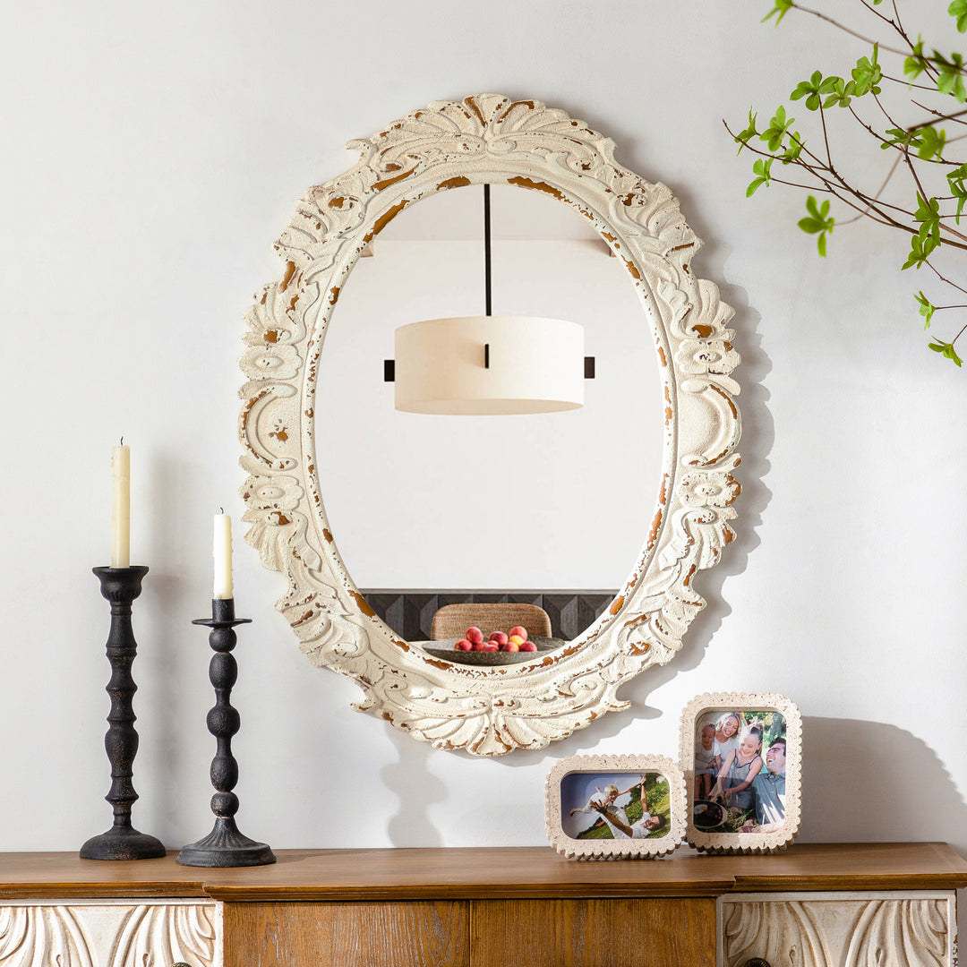 26 in. W x 34 in. H Antiqued White Baroque Oval Framed Wall Bathroom Vanity Mirror #25011