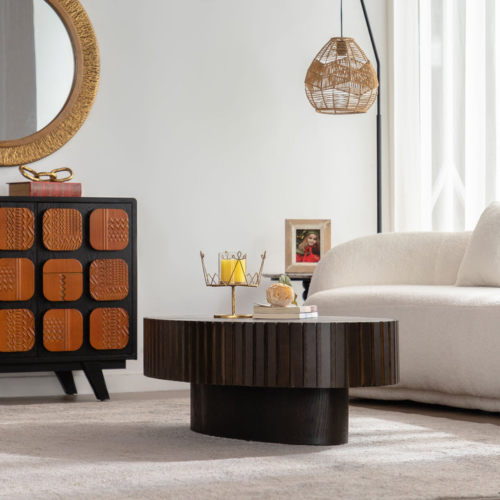 Timeless Round Coffee Table Handcrafted Relief Wooden Olive-Shaped Tea Table For Living Room #25013