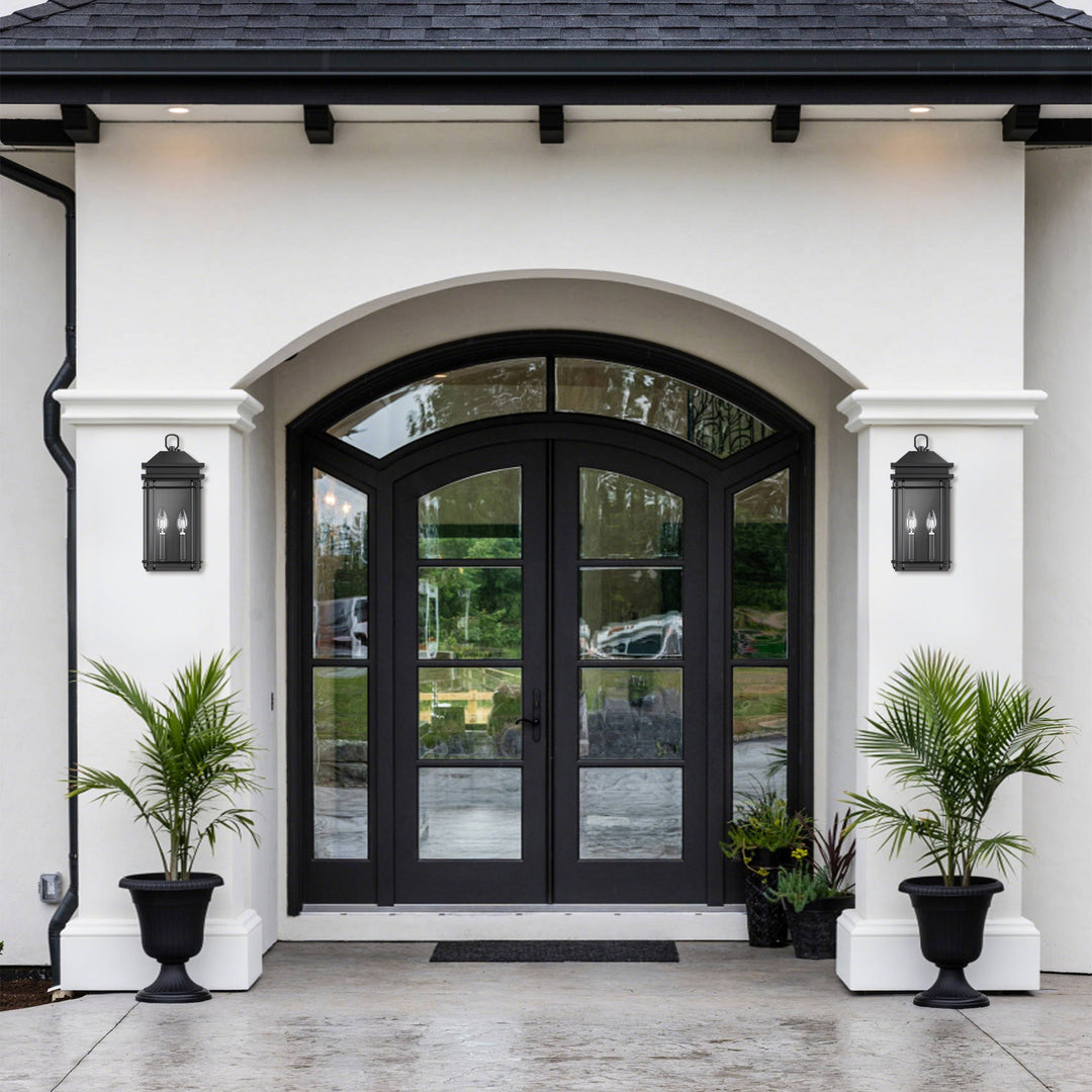 Solstice 2 - Light 16''H Black Iron Tempered Glass Outdoor Wall Light With Dusk To Dawn #7083