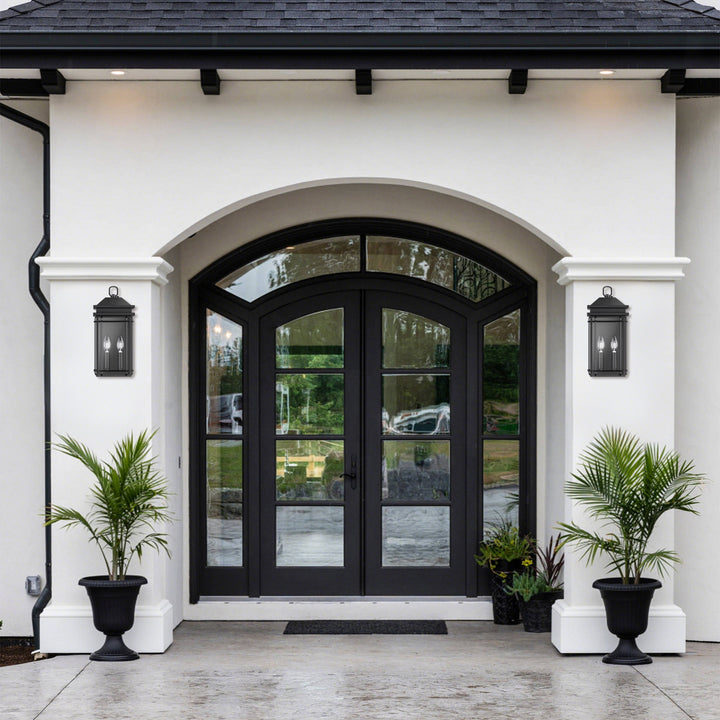 Solstice 2 - Light 16''H Black Iron Tempered Glass Outdoor Wall Light With Dusk To Dawn #7083