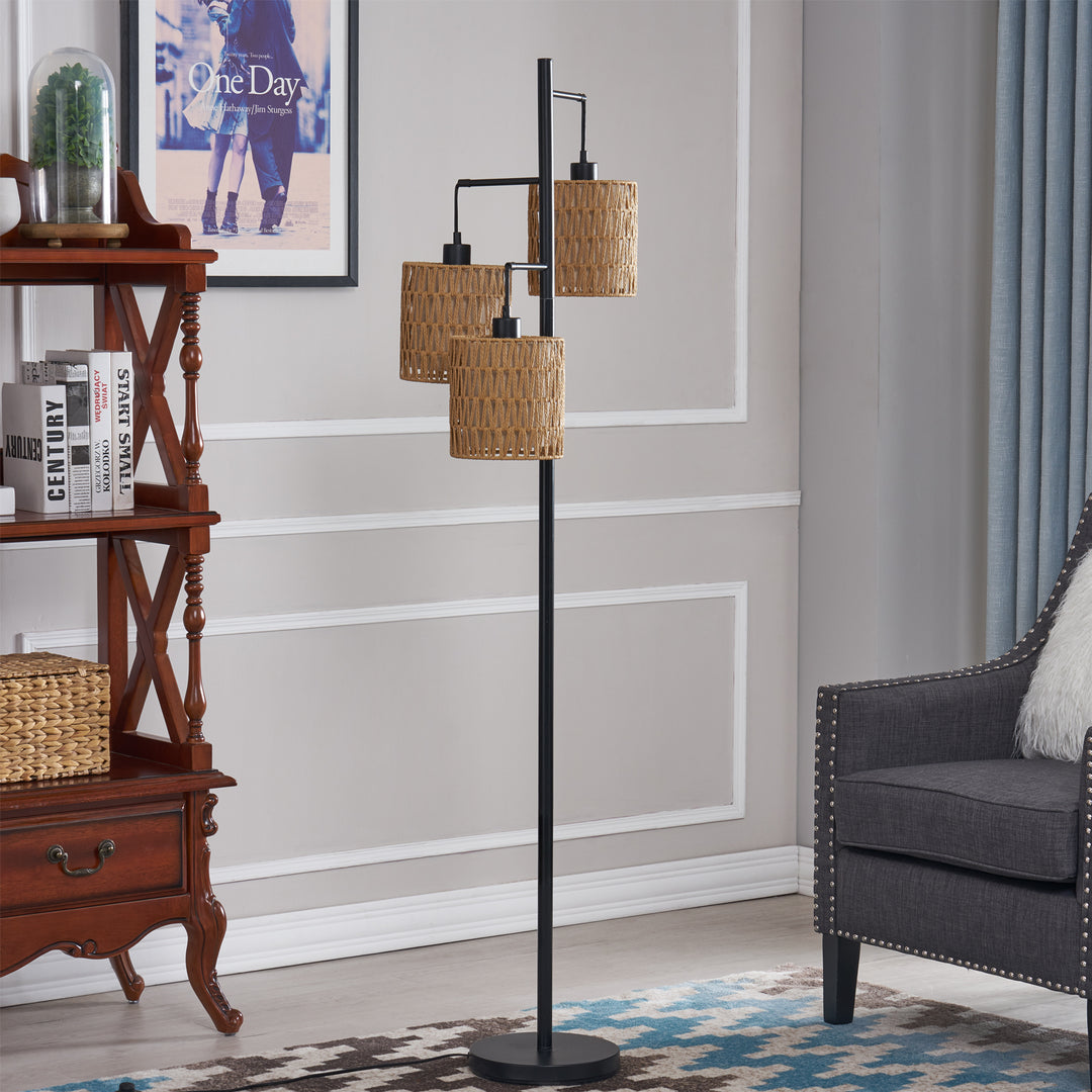 Maxax 65" Boho Rattan Floor Lamp, 3 Lights Farmhouse Tree Standing Lamp with Rattan Shades, Multi Head Vintage Tall Floor Lights for Bedroom, Living Room, Office #F65