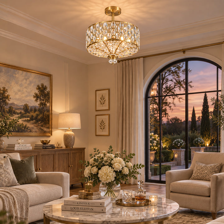 14" 3-Light Polished Brass Drum Semi-Flush Mount Ceiling Light with Crystal Accents for Living Room & Bedroom #19241