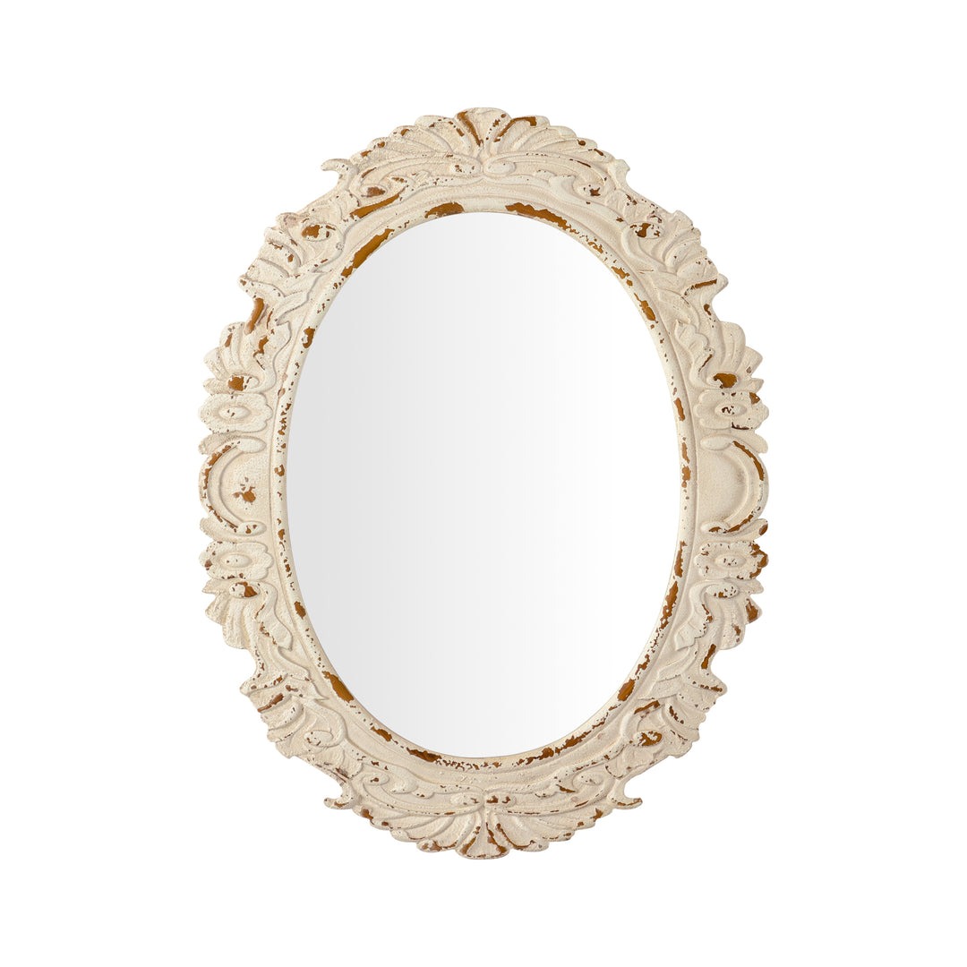 26 in. W x 34 in. H Antiqued White Baroque Oval Framed Wall Bathroom Vanity Mirror #25011