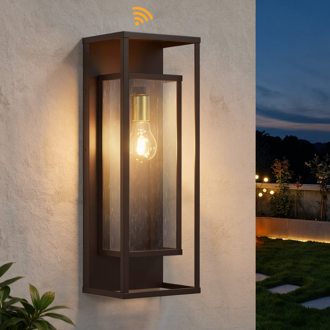 22''H Black and Gold Iron Seeded Glass Outdoor Wall Light with Dusk to Dawn #OW7106