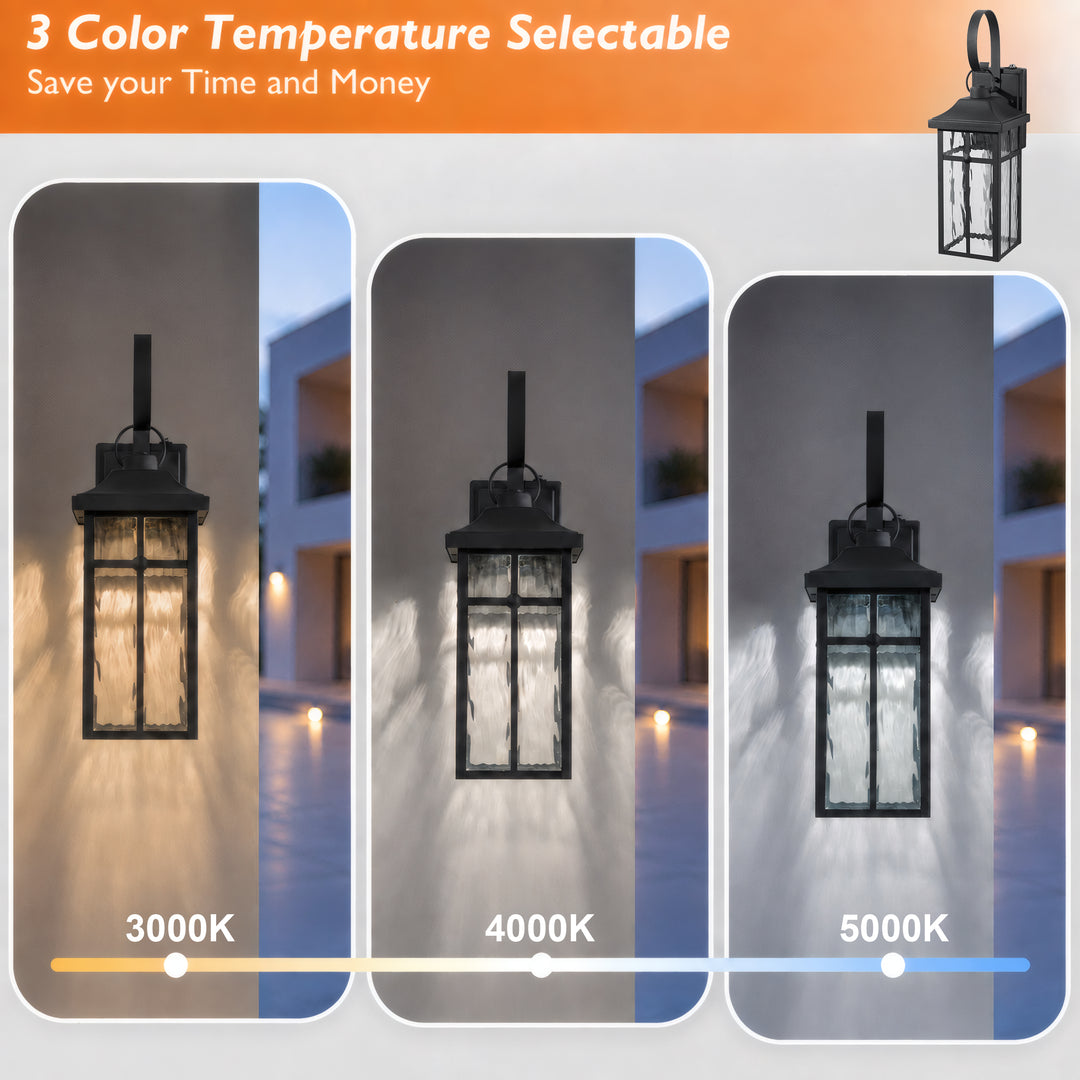 19" 1-Light Farmhouse Outdoor Wall Lantern, Dusk to Dawn &amp; 3CCT Selectable, Waterproof Black Frame with Water Ripple Glass 