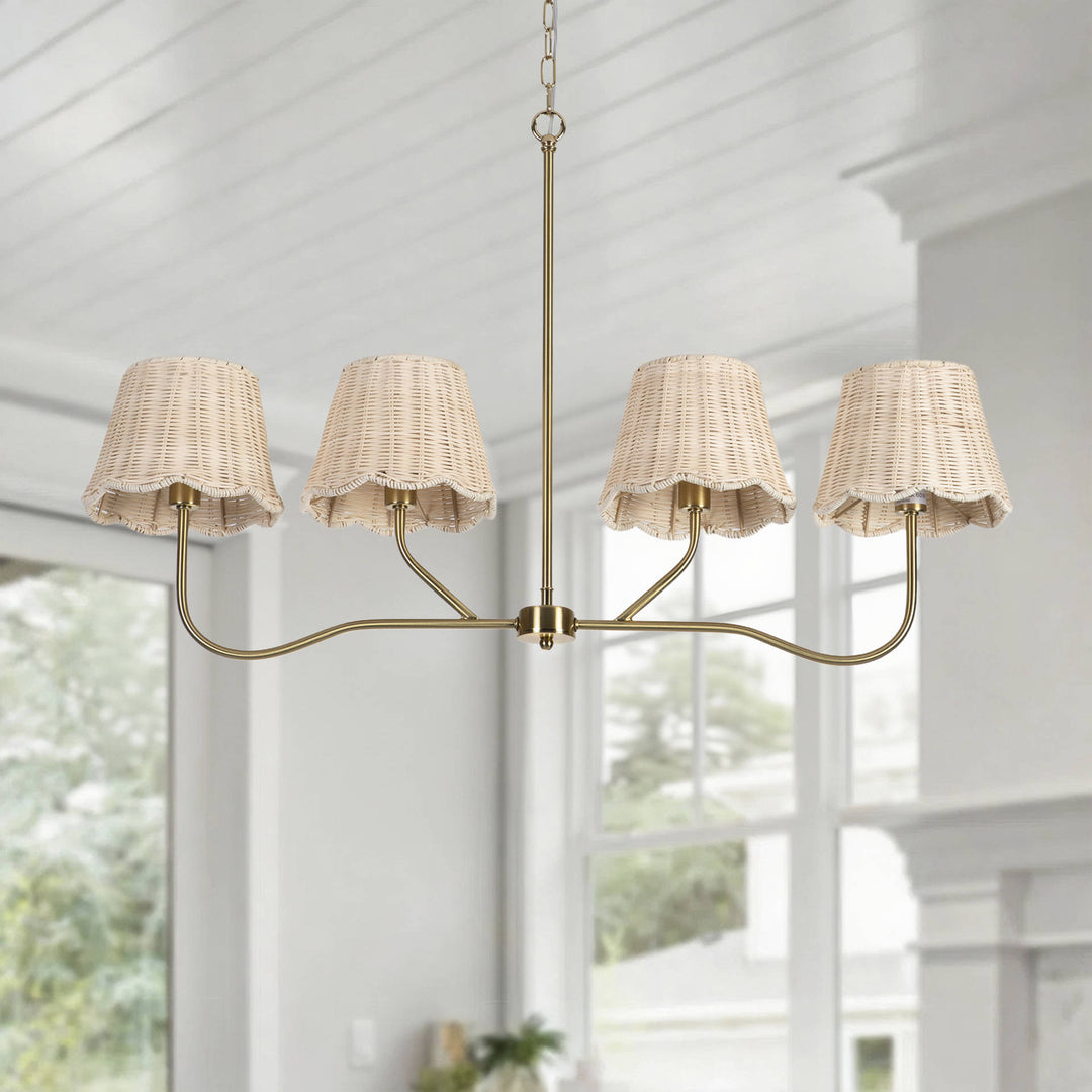 Zenith 4-light 36" Polished Brass Linear Kitchen Island Pendant With Rattan Shades For Dining Room #19231
