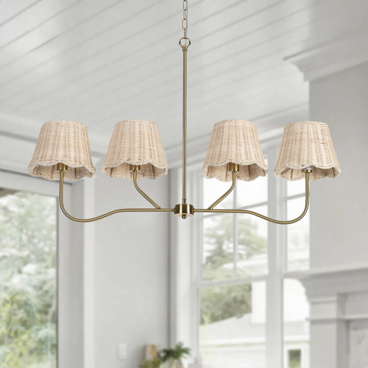 Zenith 4-light 36" Polished Brass Linear Kitchen Island Pendant With Rattan Shades For Dining Room #19231