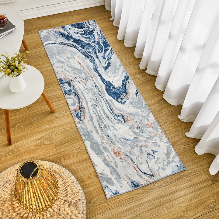 Lobello Blue Abstract Rugs Swirling Designs Machine Washable