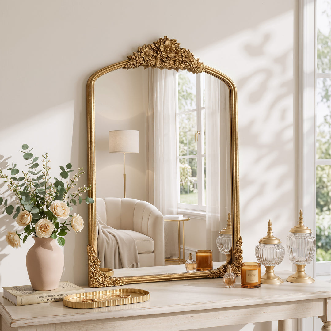 Panorama Vintage Iron Gold Baroque Metal Arched Vanity Mirror For Bedroom&living Room #30010