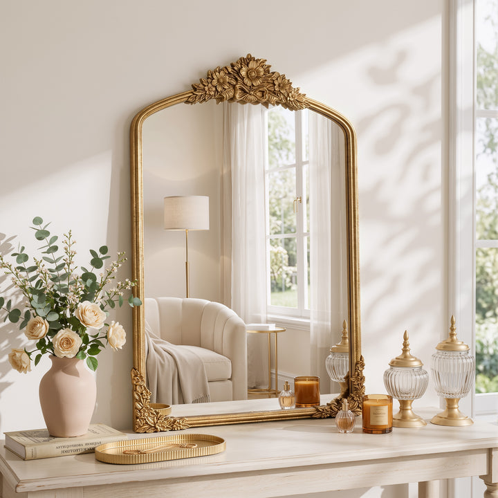 Panorama Vintage Iron Gold Baroque Metal Arched Vanity Mirror For Bedroom&living Room #30010