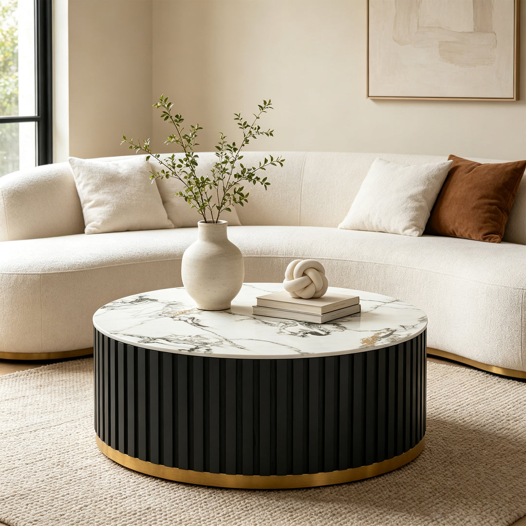 36" Solid Wood Round Drum Coffee Table with Sintered Stone Top #25049