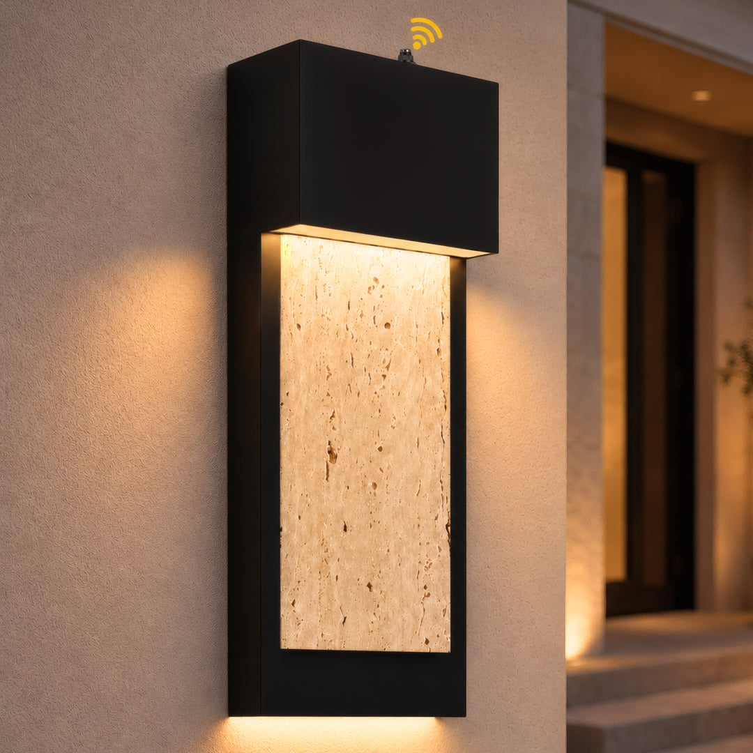 15.1" Modern LED Outdoor Wall Sconce, Dusk-to-Dawn Sensor, Dimmable 3000K, Travertine Stone &amp; Frosted Glass 